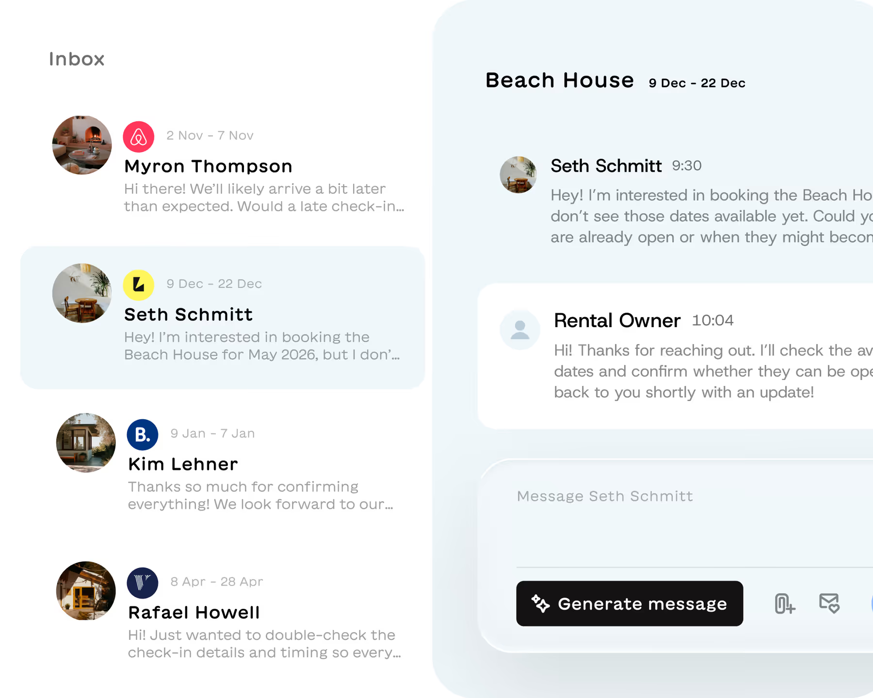 Unified Lodgify inbox with guest conversations and a Generate message action